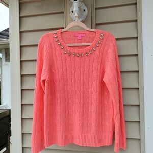 Lilly Pulitzer Coral Sweater with Embellished Neckline. Size Large